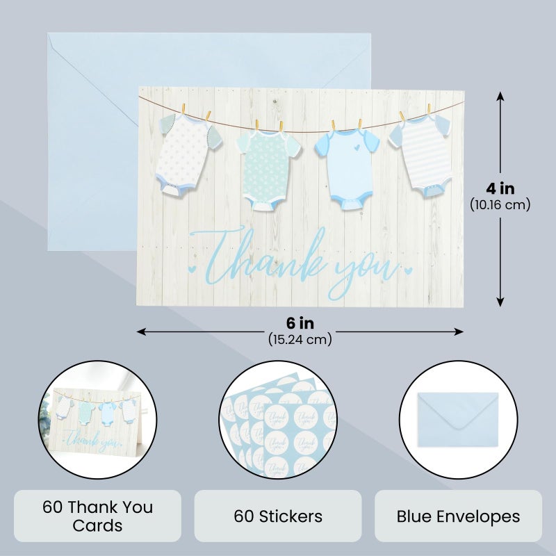 Pipilo Press Baby Shower Thank You Cards with Envelopes & Stickers for Boy - 6 x 4 Inch Blue Clothesline Design - Pack of 60 - Baby Boy Thank You Cards - Image 5